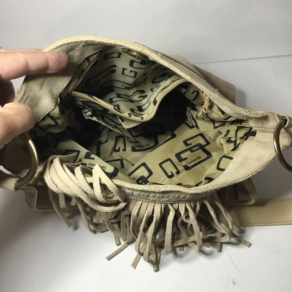 Guess Women’s Cream Genuine Suede Fringed Shoulder Bag Purse - Picture 7 of 9